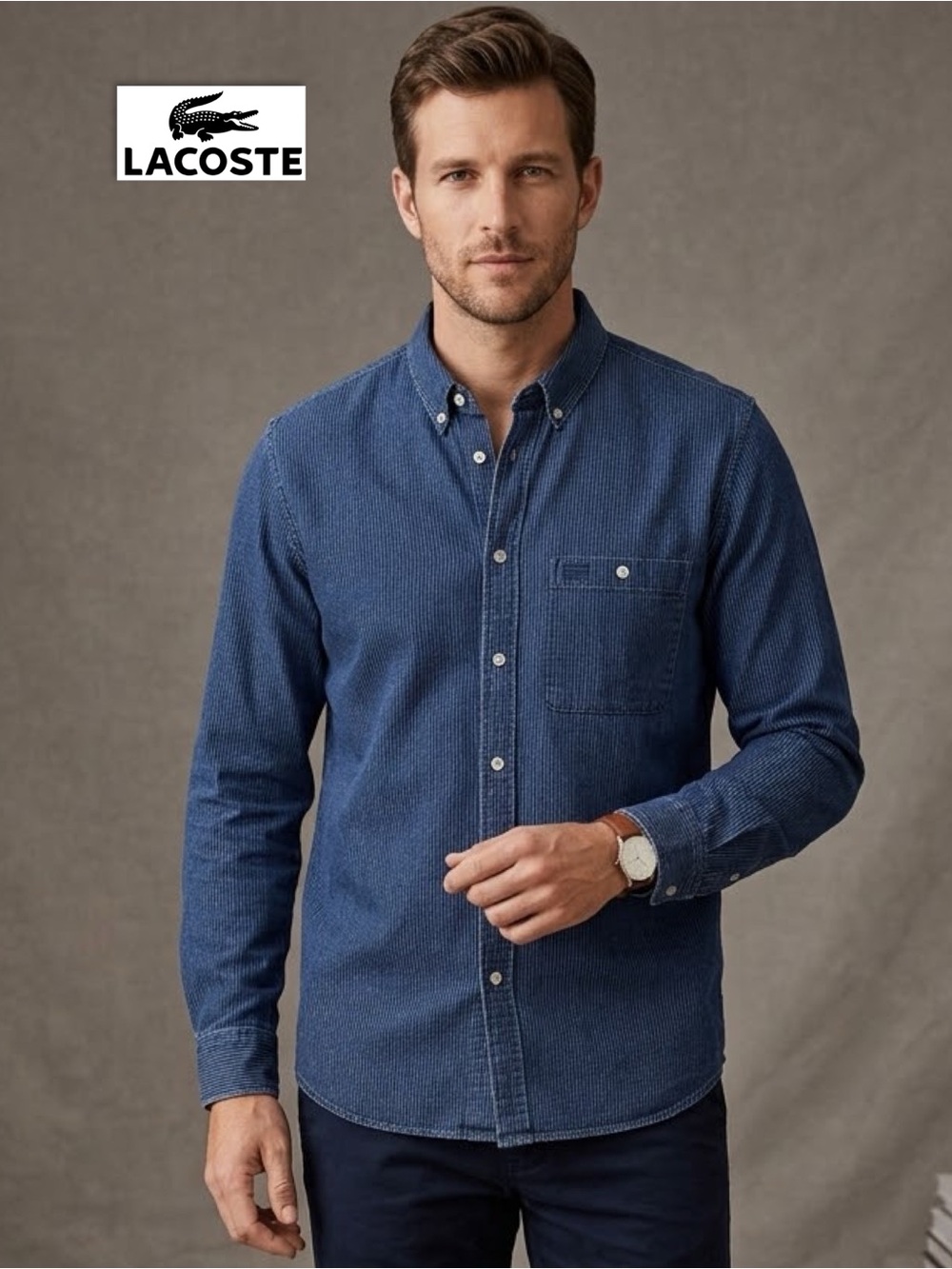Lacoste Men's Regular Fit Pinstripe Indigo Denim Chambray Button-Down Shirt 2XL